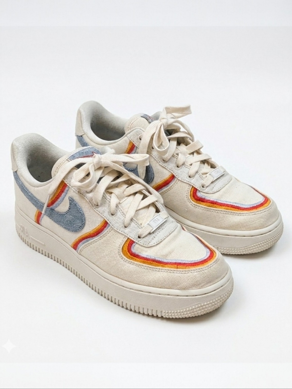 Nike Air Force 1 Low Sail Denim Swoosh Canvas Rainbow Trim Womens Sz 7.5